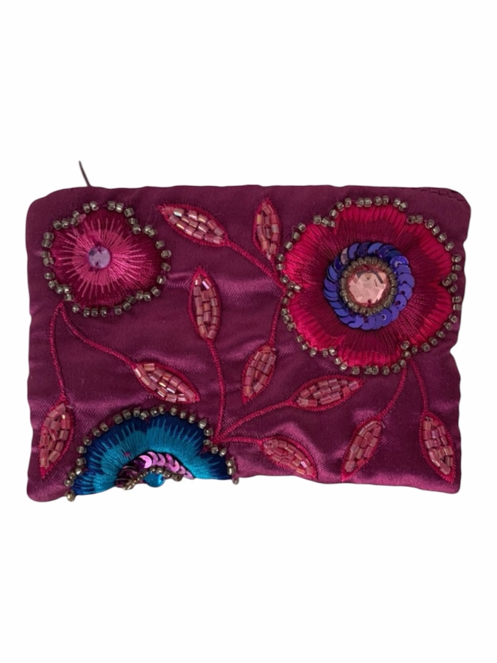 NWT Small Coin Purse Purple Pink Embellish Satin Clutch Floral Beads Top Zipper